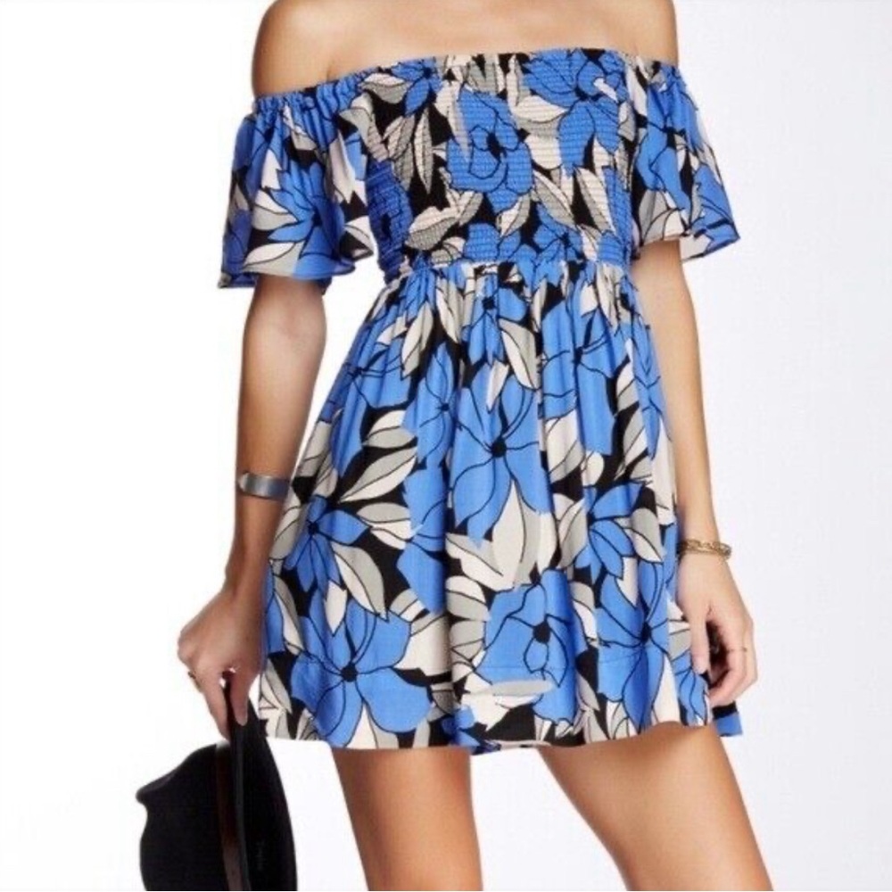 Free People Louise Blue Floral Off The Shoulder Mini Dress
